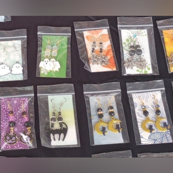 Halloween Earrings Vampire Fangs Witch Hats Cats Bats Moon Ghosts Handmade - Picture 4 of 10